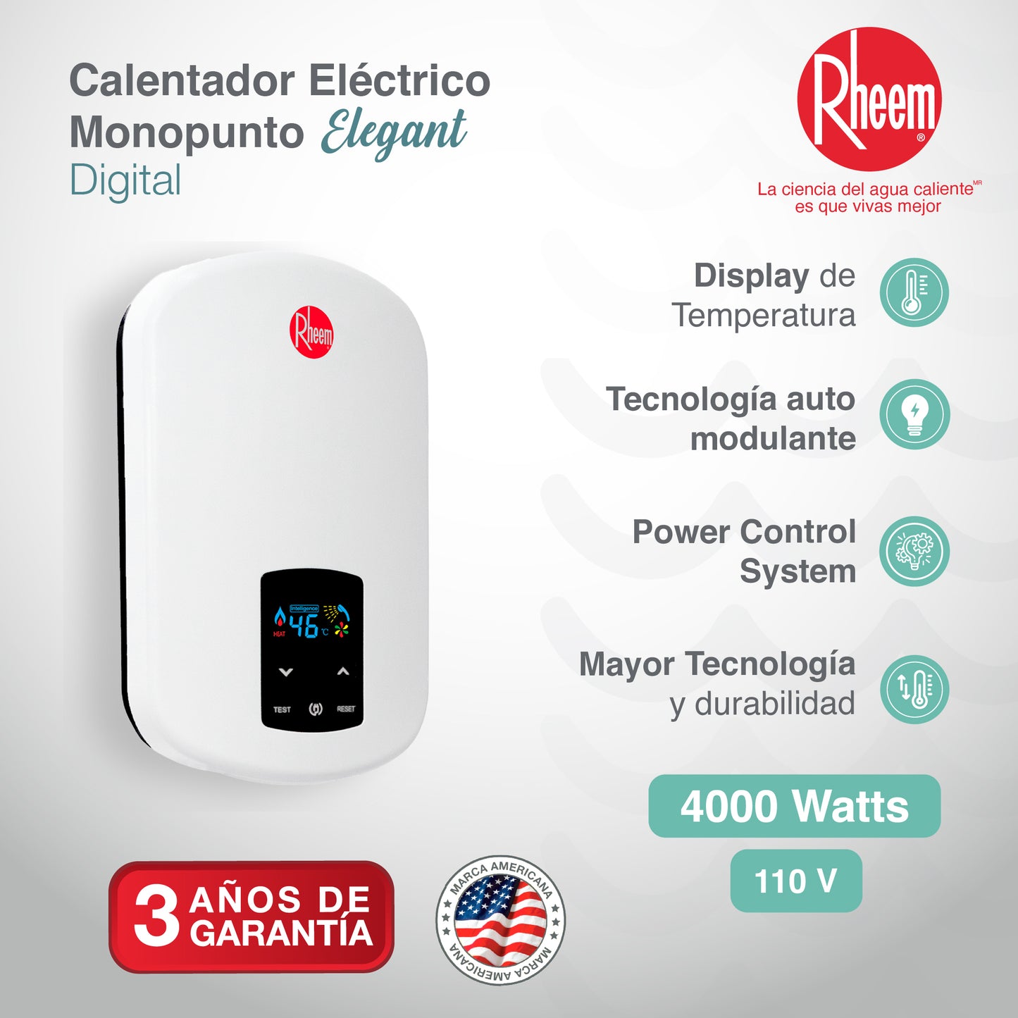 CALENTADOR DE PASO ELÉCTRICO RHEEM ELEGANT DIGITAL 110V 4KW